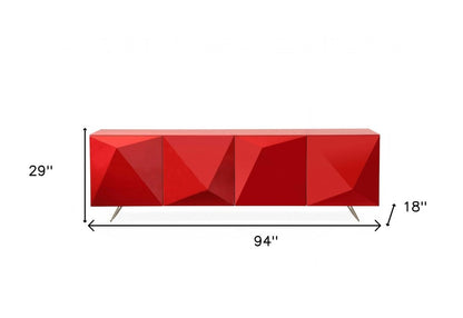 94" Red and Silver Stainless Steel and Metal Console Table