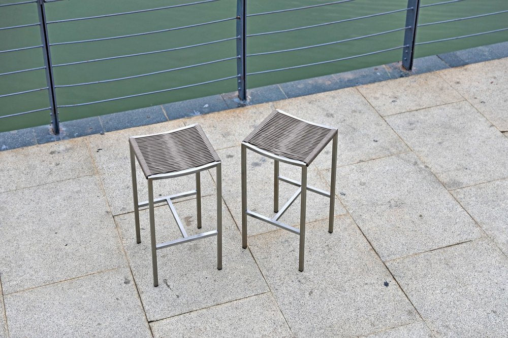 Set of Four 28" Brown and Silver Iron and Steel Backless Counter Height Bar Chairs
