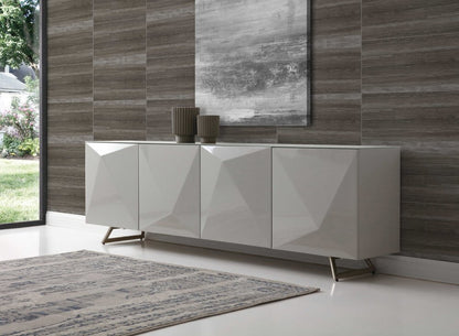 94" Gray Wood And Glass Carved Geometric Sideboard