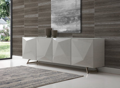 94" Gray Wood And Glass Carved Geometric Sideboard