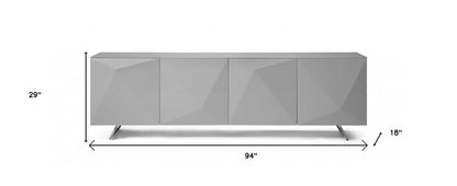 94" Gray Wood And Glass Carved Geometric Sideboard
