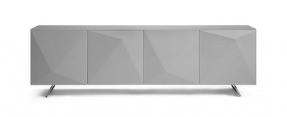 94" Gray Wood And Glass Carved Geometric Sideboard
