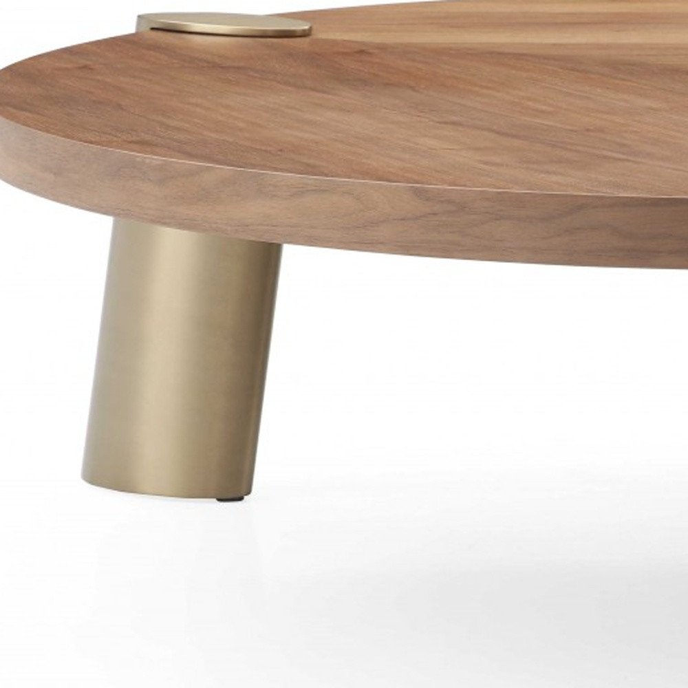 55" Brown and Gold Wood And Stainless Steel Round Coffee Table