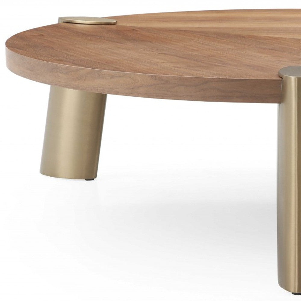 55" Brown and Gold Wood And Stainless Steel Round Coffee Table