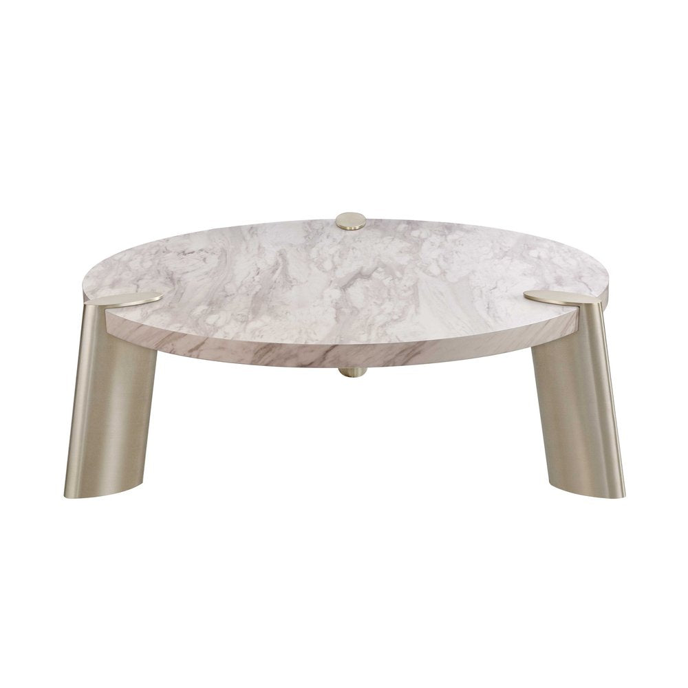 48" White and Silver Marble and Stainless Steel Round Coffee Table