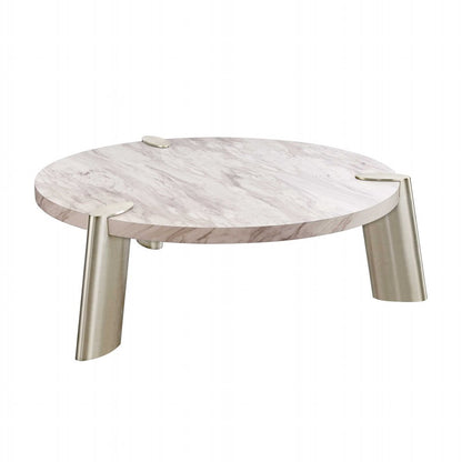 48" White and Silver Marble and Stainless Steel Round Coffee Table