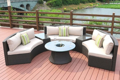 Six Piece Outdoor Black Wicker Sectional Seating Group with Beige Cushions
