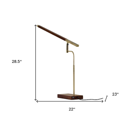 Walnut Wood Finish And Antique Brass Metal Adjustable Led Desk Lamp With Usb Port