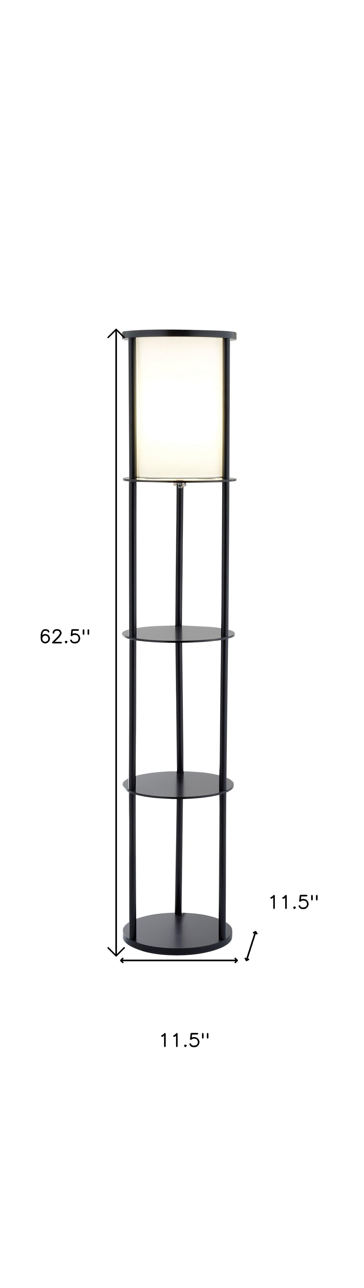 63" Black Wood Column Floor Lamp With White Fabric Cylinder Shade