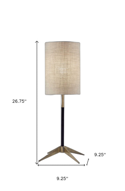 27" Antiqued Brass Metal Table Lamp With Brown Drum Shade