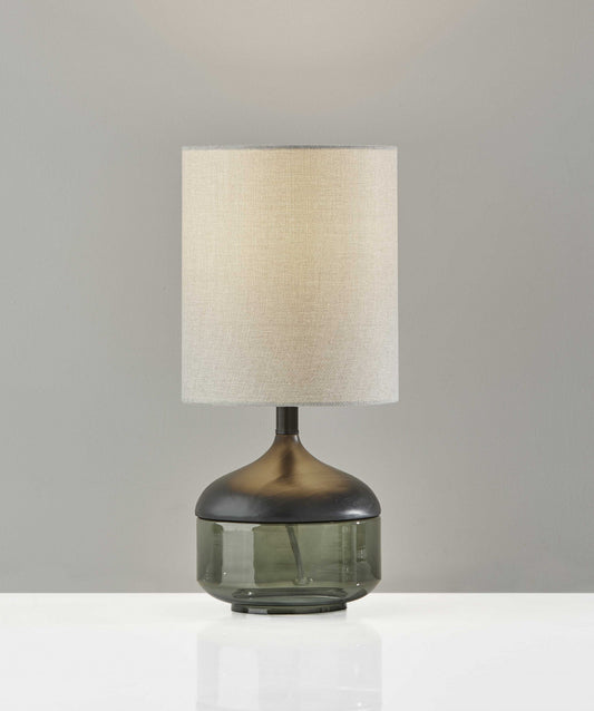 16" Black And Dark Green Wood And Smoked Glass Table Lamp With Beige Drum Shade