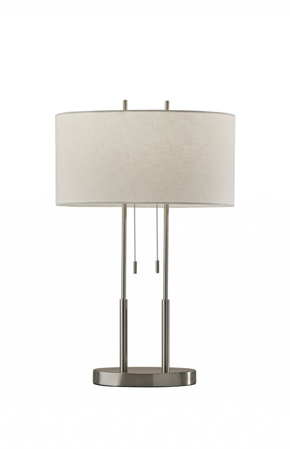 27" Silver Metal Two Light Bedside Lamp With Off White Drum Shade