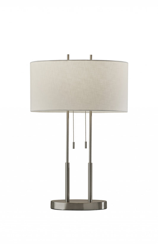 27" Silver Metal Two Light Bedside Lamp With Off White Drum Shade