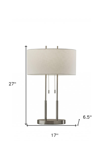 27" Silver Metal Two Light Bedside Lamp With Off White Drum Shade
