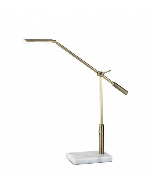 26" Antiqued Gold And White Marble And Metal Adjustable LED Desk Lamp
