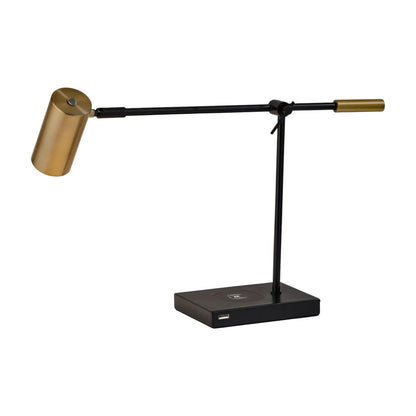 22" Black Metal Swing Arm LED Desk Lamp With USB And Antiqued Gold Cylinder Shade