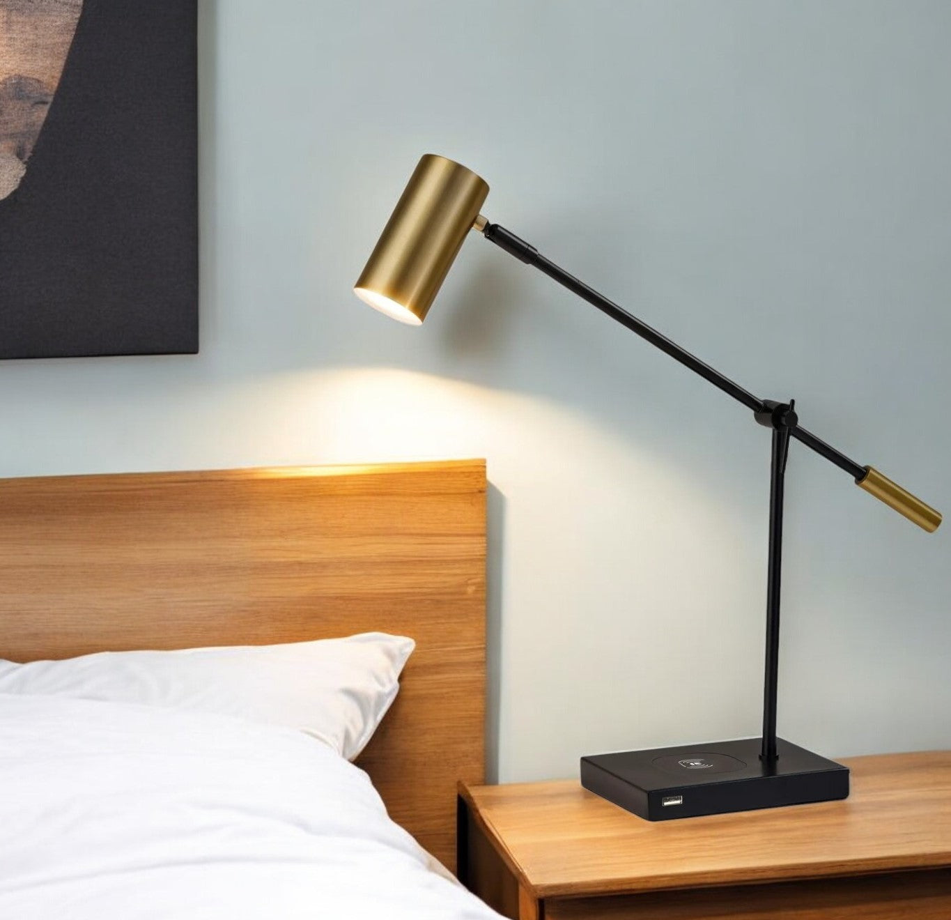 22" Black Metal Swing Arm LED Desk Lamp With USB And Antiqued Gold Cylinder Shade