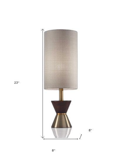 23" Brass Metal And Wood Table Lamp With Beige Drum Shade