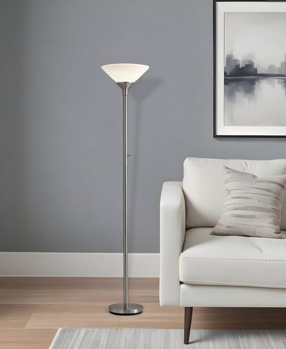 73" Silver Torchiere Floor Lamp With White Acrylic Cone Shade