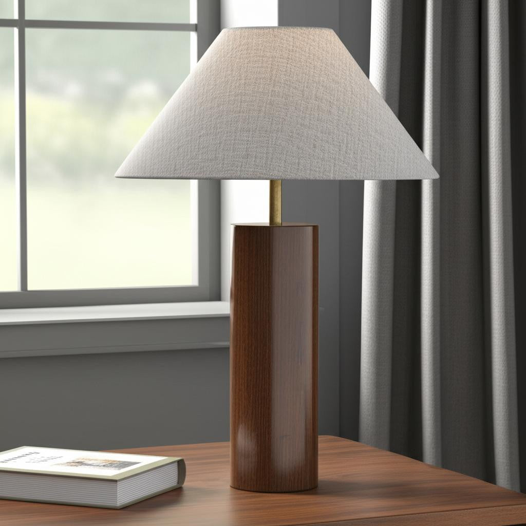 26" Natural Solid Wood Cylinder Table Lamp With White Cone Shade