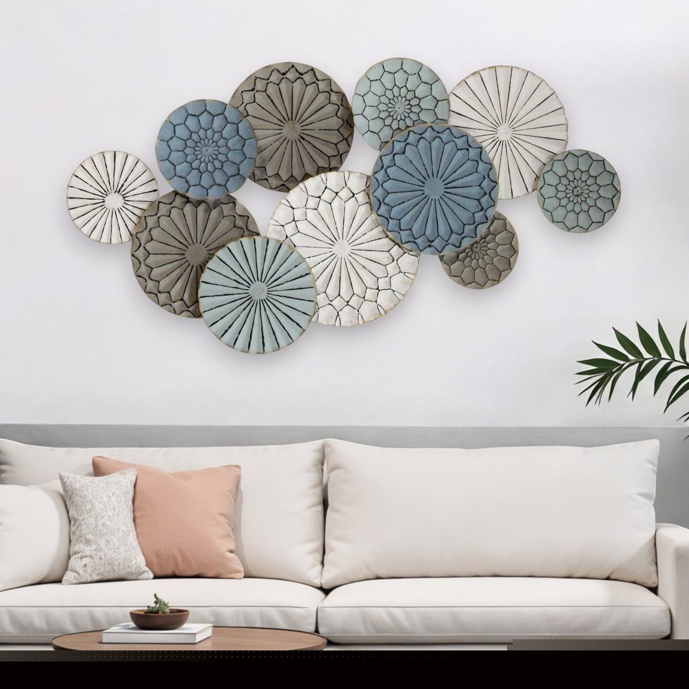 Boho Blue Green Ivory Metal Plates Wall Decor