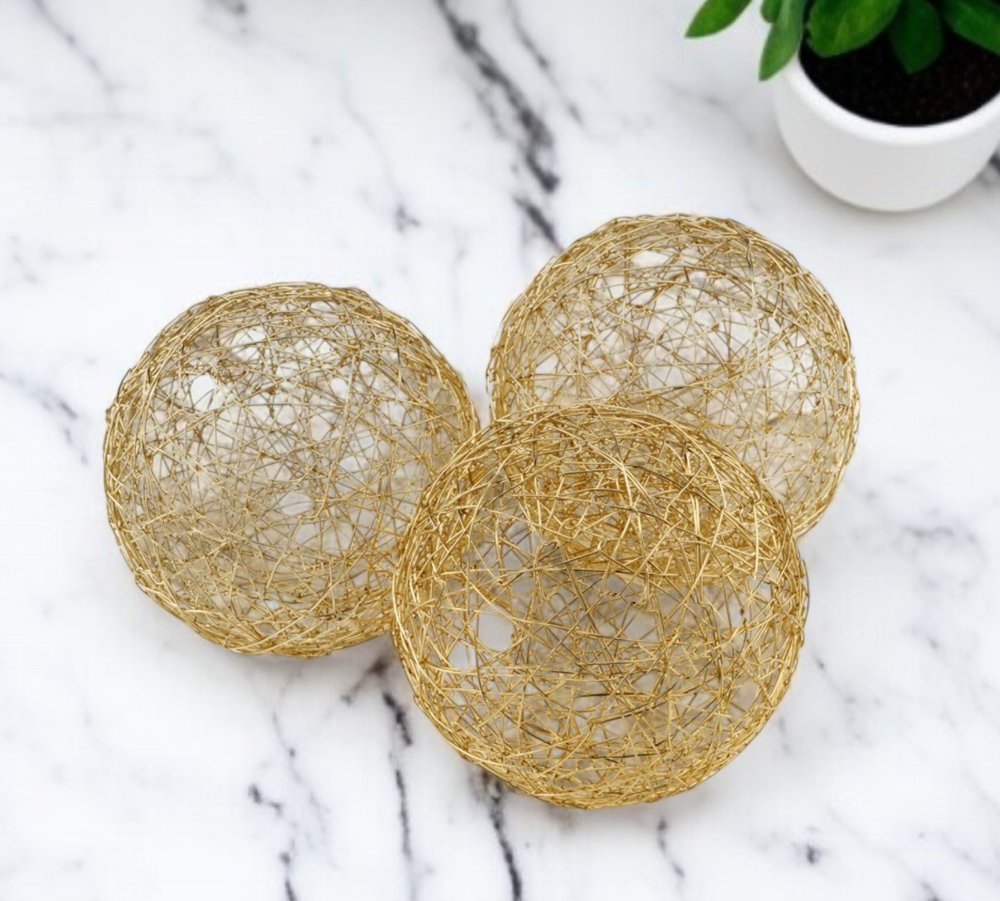 Set of Three Gold Wire Five Inch Decorative Orbs