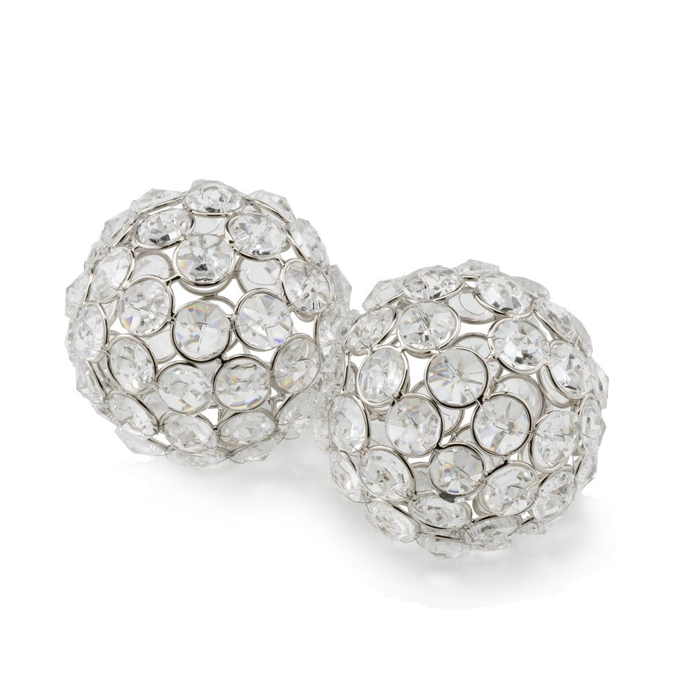 Set of Two Silver And Clear Faux Crystal And Metal Orb Decorative Tabletop Sculptures