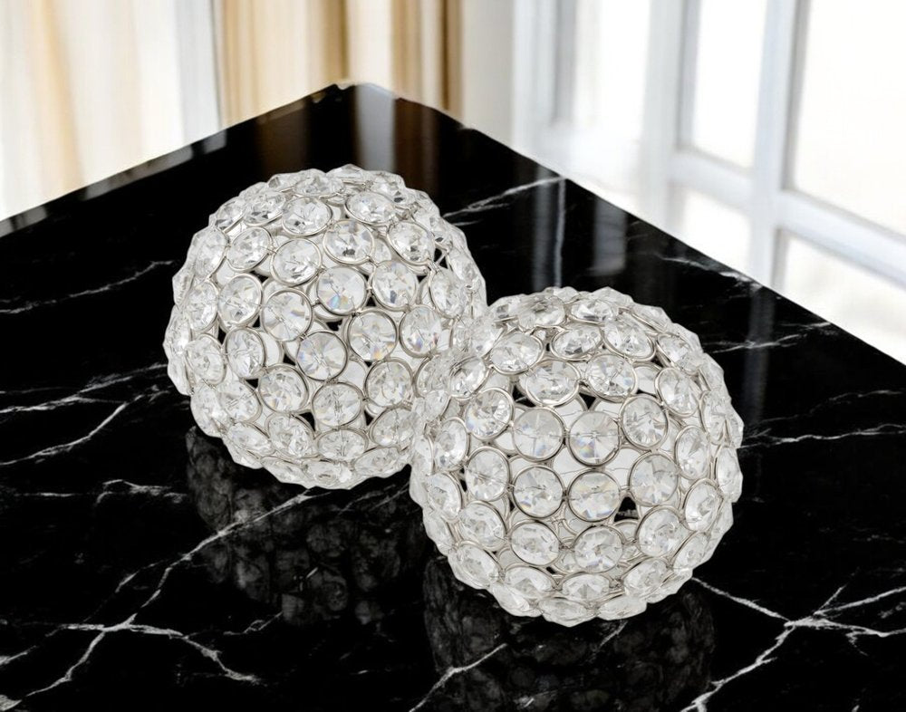 Set of Two Clear And Silver Faux Crystal And Steel Decorative Orb Tabletop Sculptures
