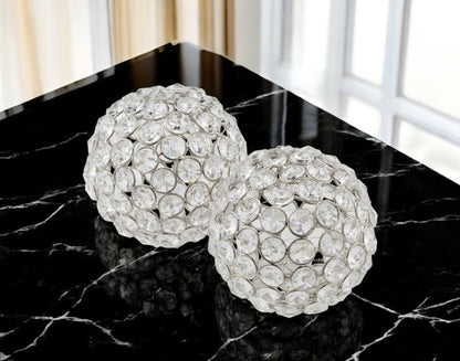 Set of Two Clear And Silver Faux Crystal And Steel Decorative Orb Tabletop Sculptures