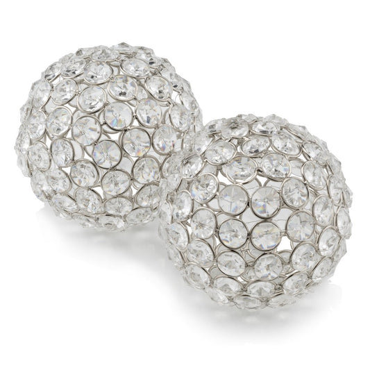 Set of Two Clear And Silver Faux Crystal And Steel Decorative Orb Tabletop Sculptures