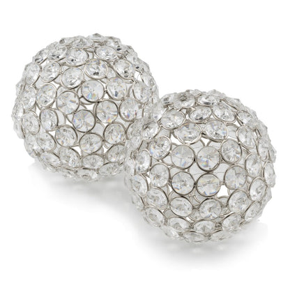 Set of Two Clear And Silver Faux Crystal And Steel Decorative Orb Tabletop Sculptures