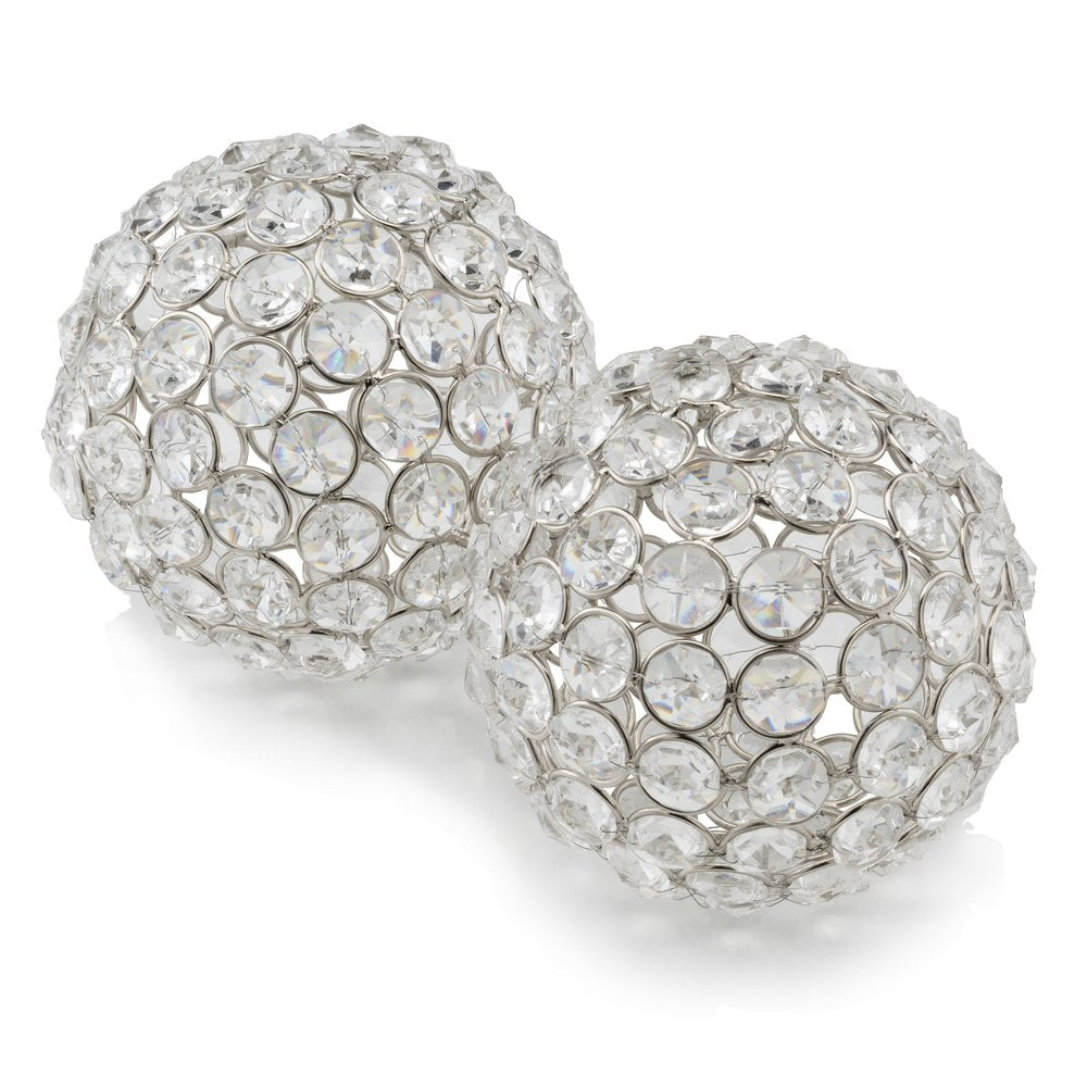 Set of Two Clear And Silver Faux Crystal And Steel Decorative Orb Tabletop Sculptures