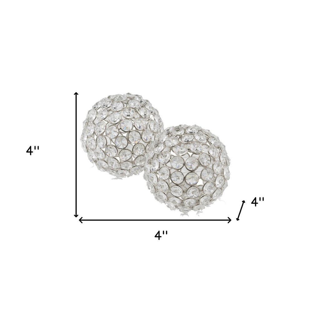 Set of Two Clear And Silver Faux Crystal And Steel Decorative Orb Tabletop Sculptures