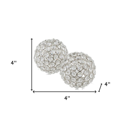 Set of Two Clear And Silver Faux Crystal And Steel Decorative Orb Tabletop Sculptures