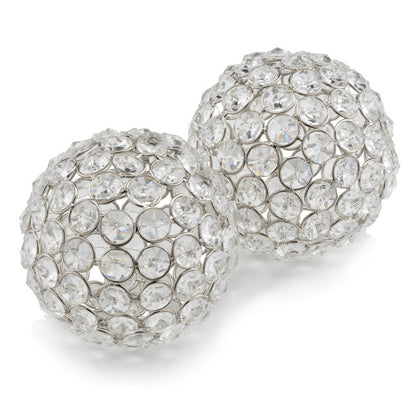 Set of Two Clear And Silver Faux Crystal And Steel Decorative Orb Tabletop Sculptures