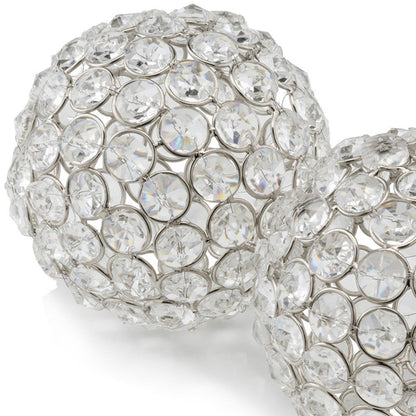Set of Two Clear And Silver Faux Crystal And Steel Decorative Orb Tabletop Sculptures