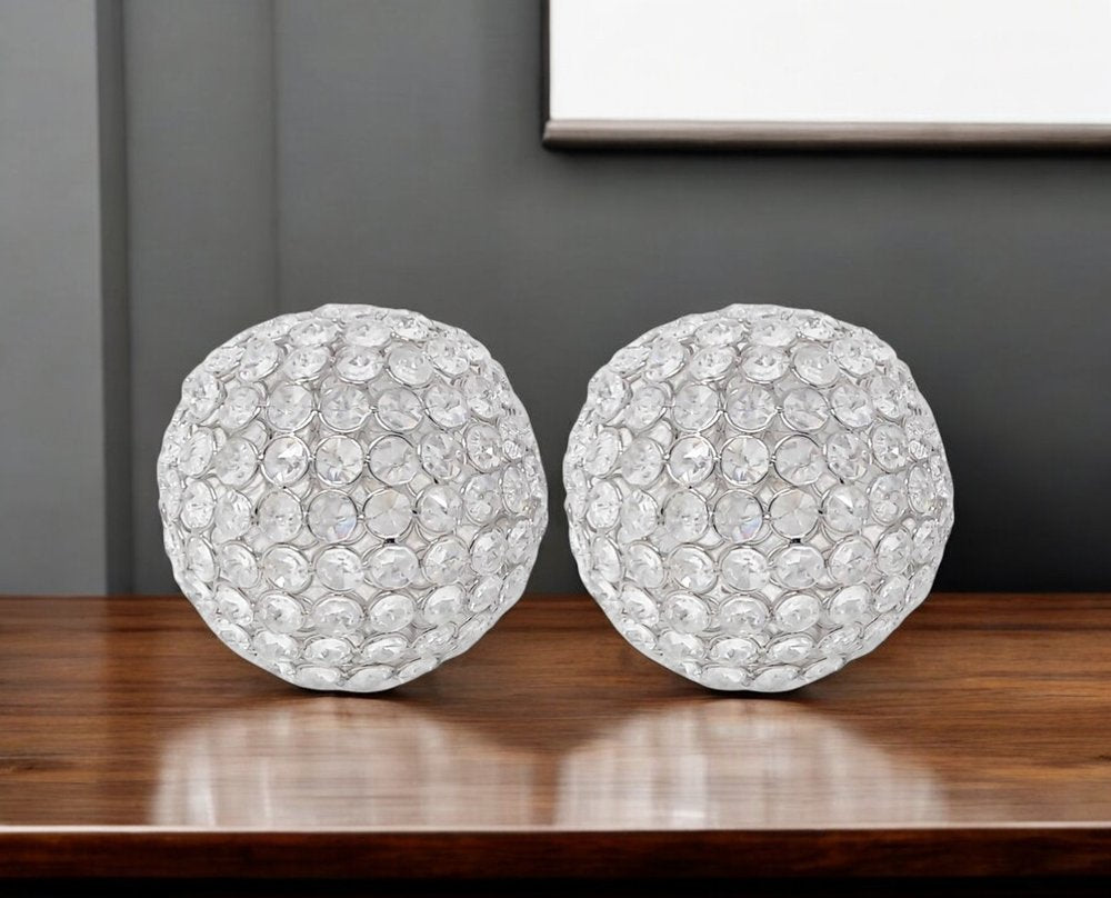 Set of Two Clear Faux Crystal and Silver Decorative Orb Tabletop Sculptures