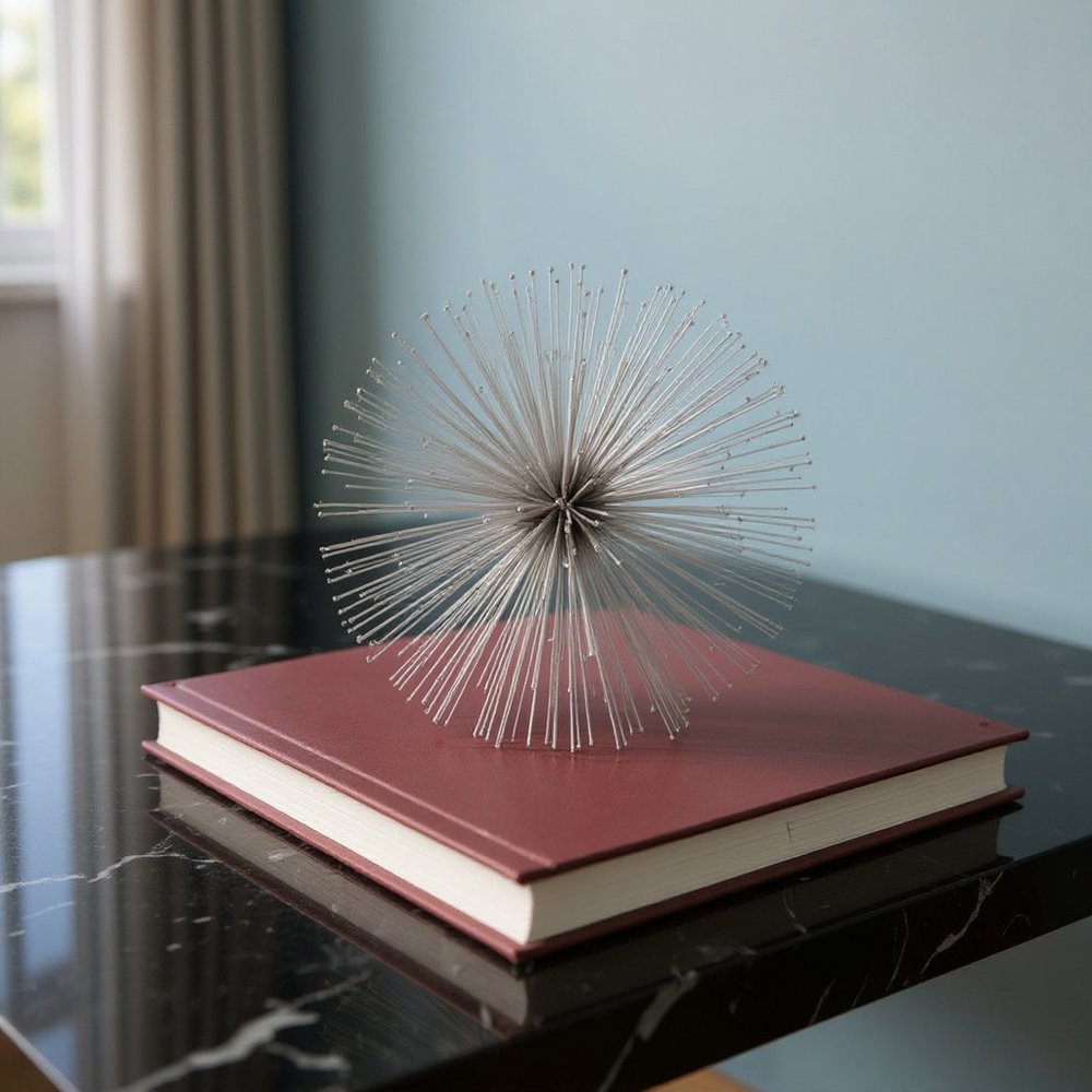 6" Silver Iron Decorative Urchin Spiky Sphere Tabletop Sculpture