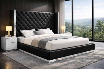 Black Tufted Faux Leather King Bed Frame