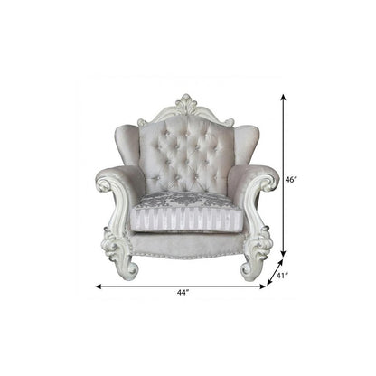 44" Ivory and Antiqued White Fabric Damask Tufted Chair and a Half And Toss Pillows