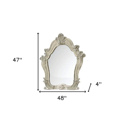 47" White And Silver Abstract Wood Framed Antiqued Glass Mounted Dresser Mirror
