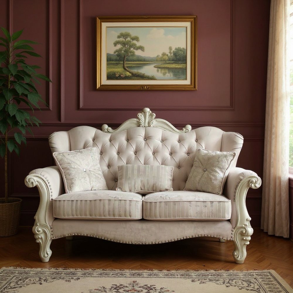 70" Bone And Gold Faux Leather Curved Loveseat