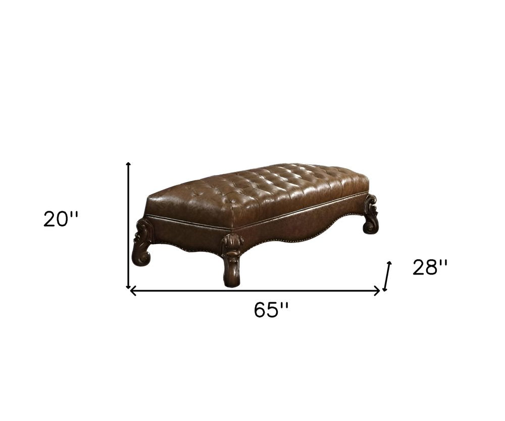 65" Brown Tufted Faux Leather Polyresin And Solid Wood Upholstered Bench