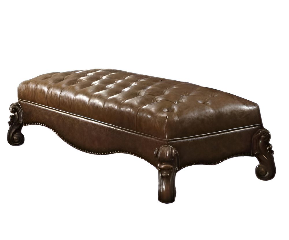 65" Brown Tufted Faux Leather Polyresin And Solid Wood Upholstered Bench