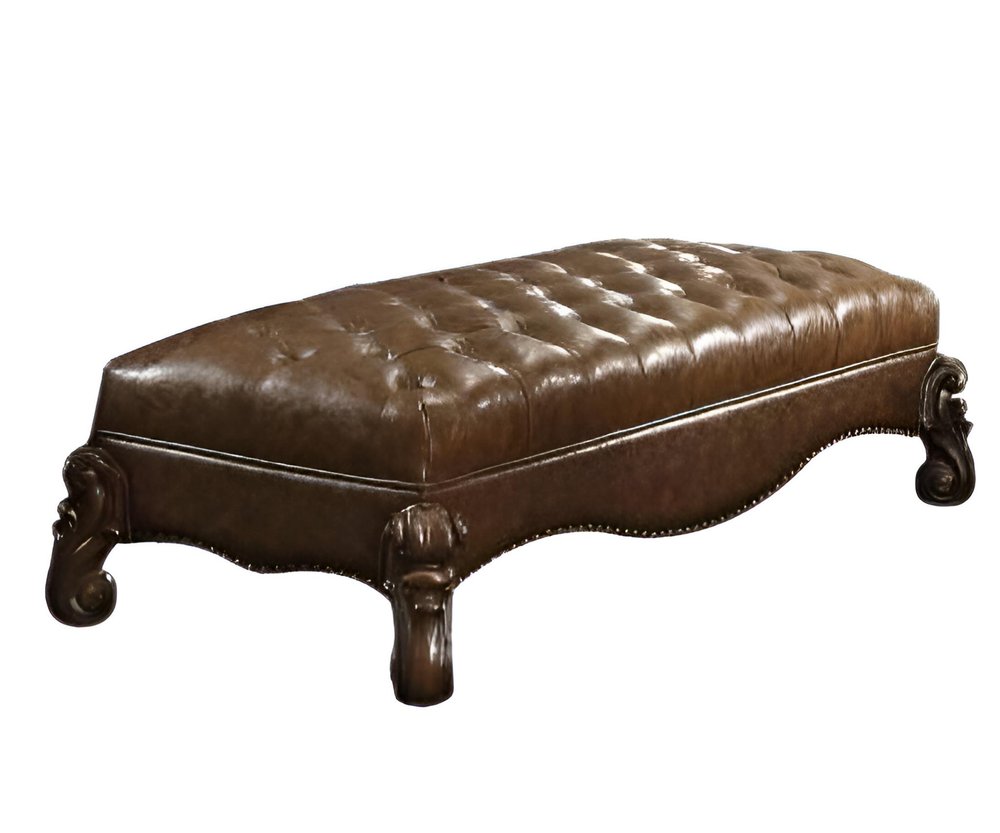 65" Brown Tufted Faux Leather Polyresin And Solid Wood Upholstered Bench