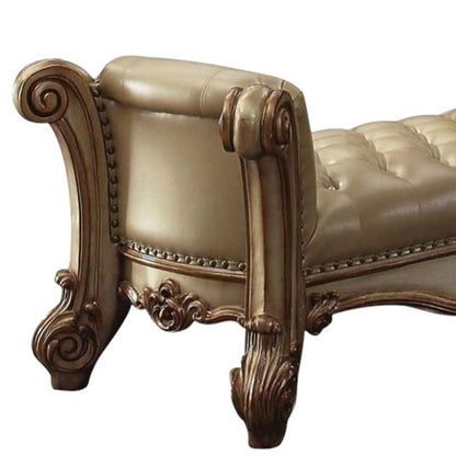 74" Bone and Gold Tufted Faux Leather Upholstered Bench