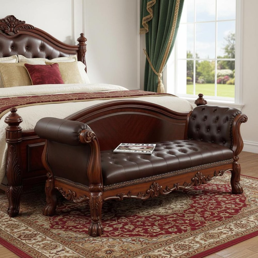 74" Bone and Gold Tufted Faux Leather Upholstered Bench