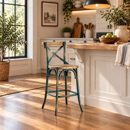 21" Brown And Sky Blue Solid Wood And Metal Bar Chair