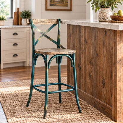 21" Brown And Sky Blue Solid Wood And Metal Bar Chair