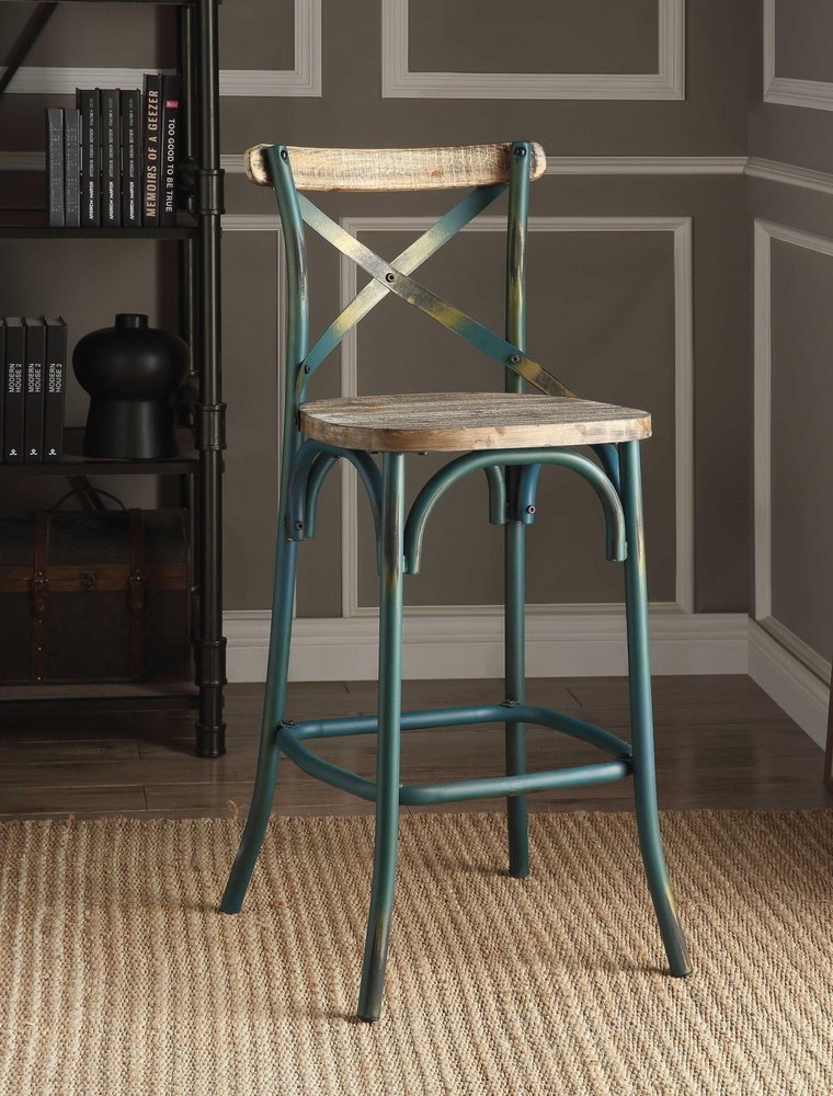 21" Brown And Sky Blue Solid Wood And Metal Bar Chair